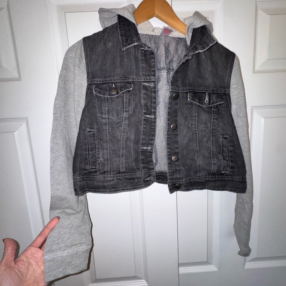 💥SALE💥Bongo Cropped Denim Hoodie Jacket Gray Black | Size L | Y2K Streetwear